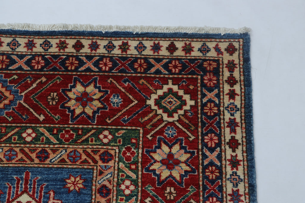 6x9 Blue Super Kazak Geometric Handmade Cotton & Wool Rug | Luxury Area Rug