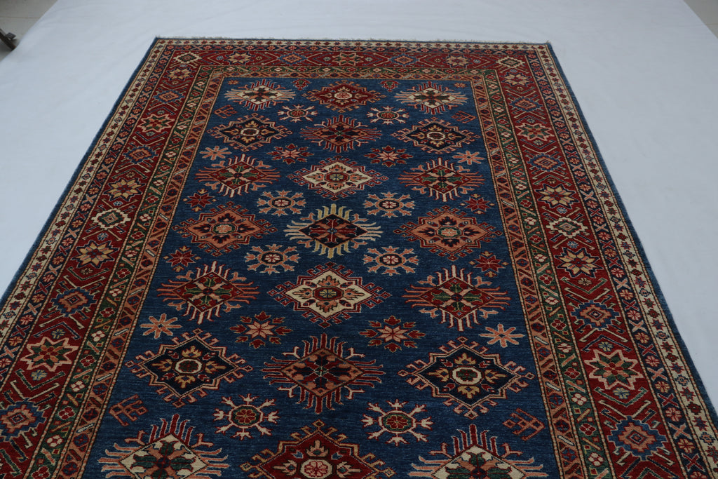 6x9 Blue Super Kazak Geometric Handmade Cotton & Wool Rug | Luxury Area Rug