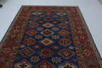 6x9 Blue Super Kazak Geometric Handmade Cotton & Wool Rug | Luxury Area Rug
