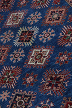 6x9 Blue Super Kazak Geometric Handmade Cotton & Wool Rug | Luxury Area Rug