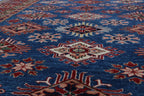 6x9 Blue Super Kazak Geometric Handmade Cotton & Wool Rug | Luxury Area Rug