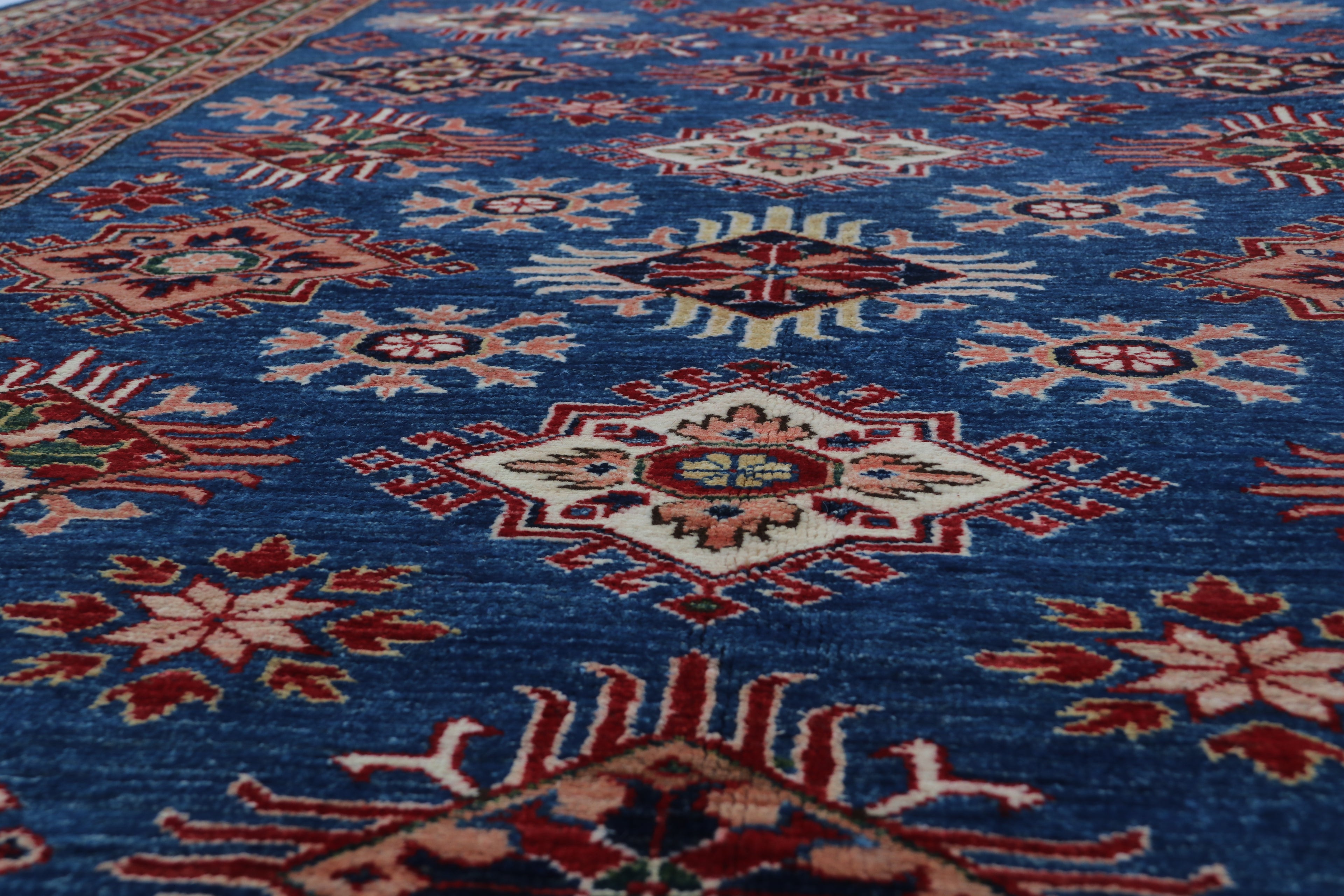6x9 Blue Super Kazak Geometric Handmade Cotton & Wool Rug | Luxury Area Rug