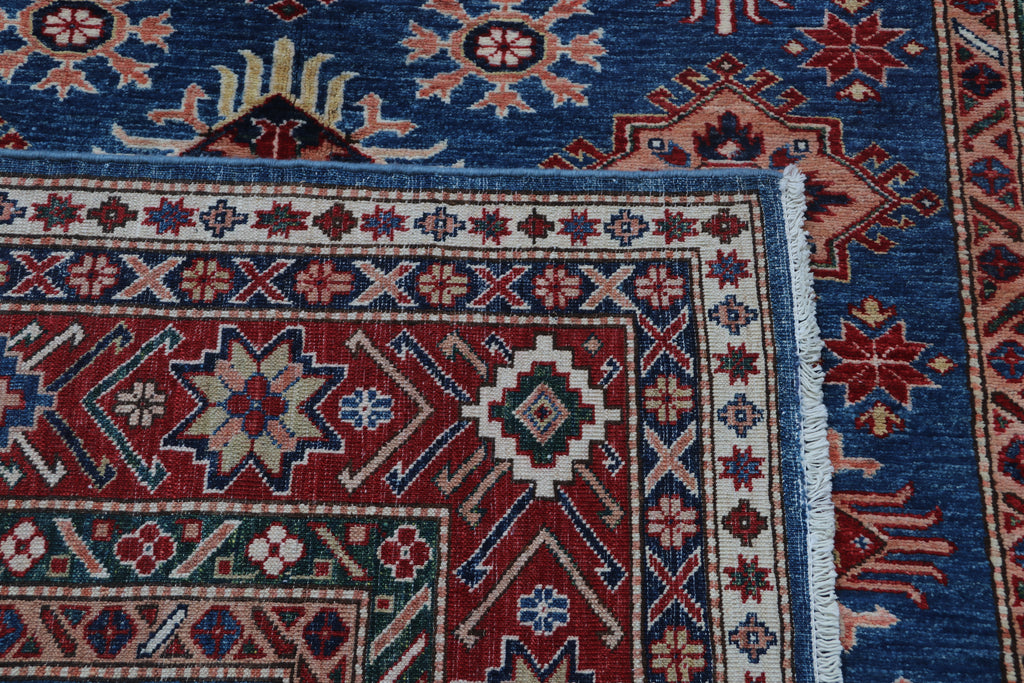 6x9 Blue Super Kazak Geometric Handmade Cotton & Wool Rug | Luxury Area Rug
