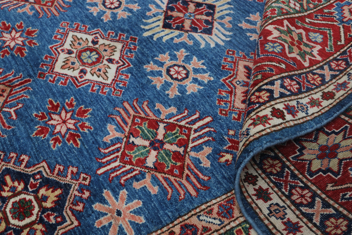 6x9 Blue Super Kazak Geometric Handmade Cotton & Wool Rug | Luxury Area Rug