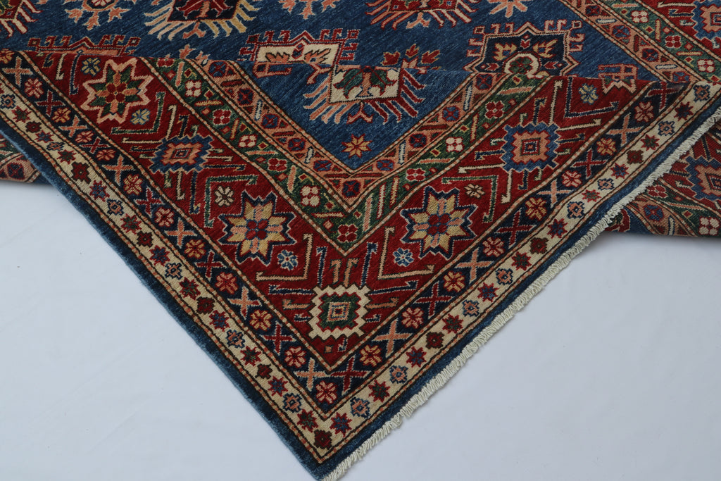 6x9 Blue Super Kazak Geometric Handmade Cotton & Wool Rug | Luxury Area Rug