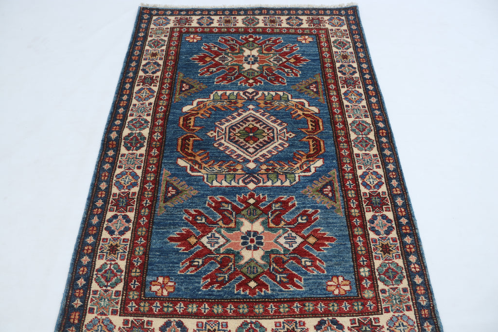 2.5x4 Blue Super Kazak Geometric Area Rug | Handmade Wool & Cotton Rug