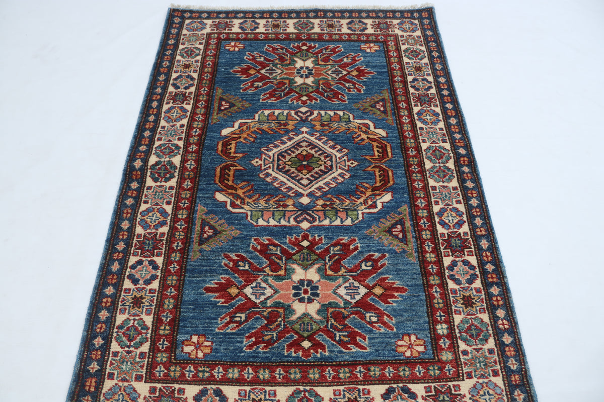 2.5x4 Blue Super Kazak Geometric Area Rug | Handmade Wool & Cotton Rug