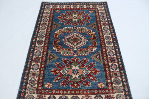 2.5x4 Blue Super Kazak Geometric Area Rug | Handmade Wool & Cotton Rug