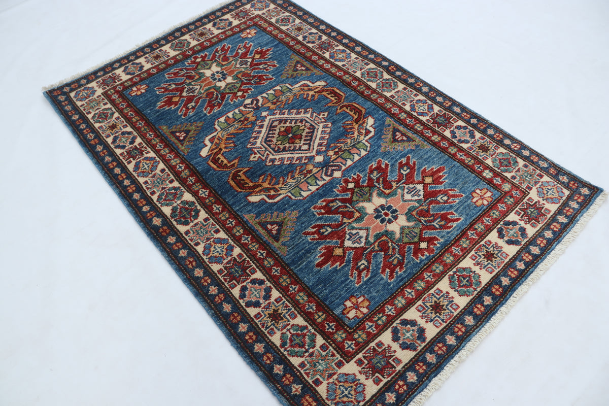 2.5x4 Blue Super Kazak Geometric Area Rug | Handmade Wool & Cotton Rug