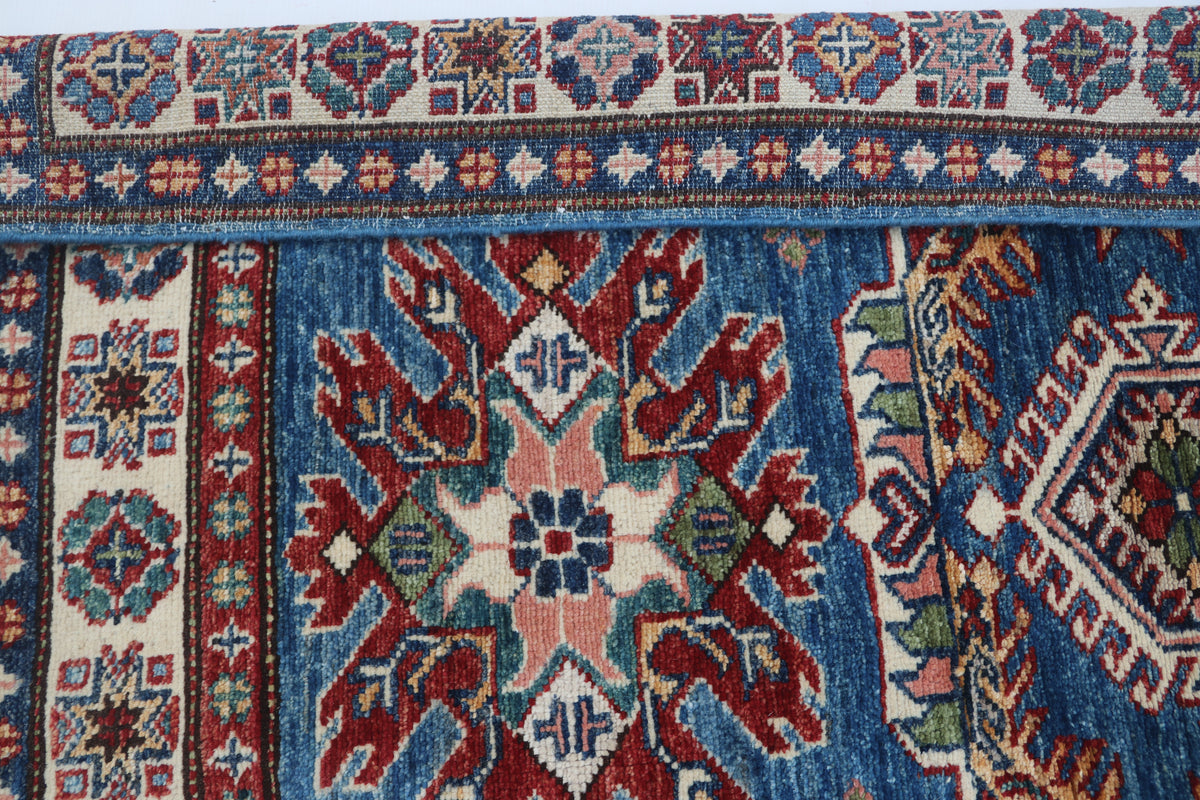 2.5x4 Blue Super Kazak Geometric Area Rug | Handmade Wool & Cotton Rug