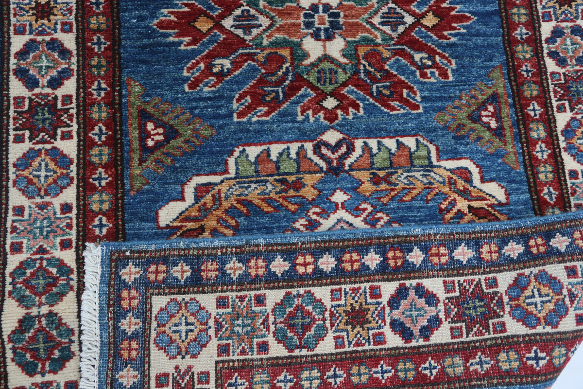 2.5x4 Blue Super Kazak Geometric Area Rug | Handmade Wool & Cotton Rug