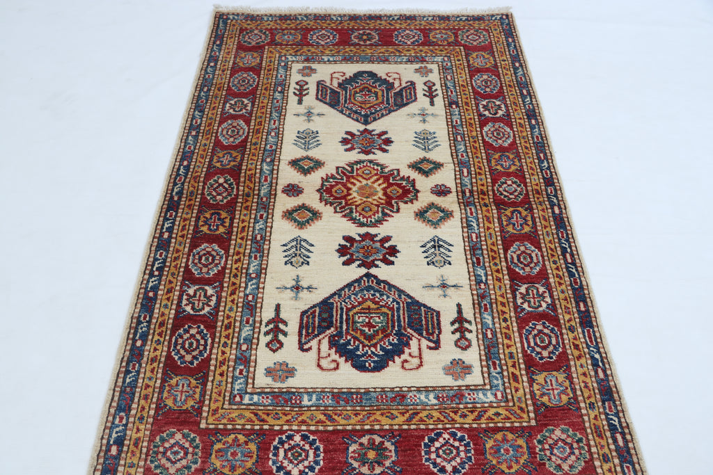 2.5x4 Beige Super Kazak Geometric Area Rug | Handmade Wool & Cotton Rug