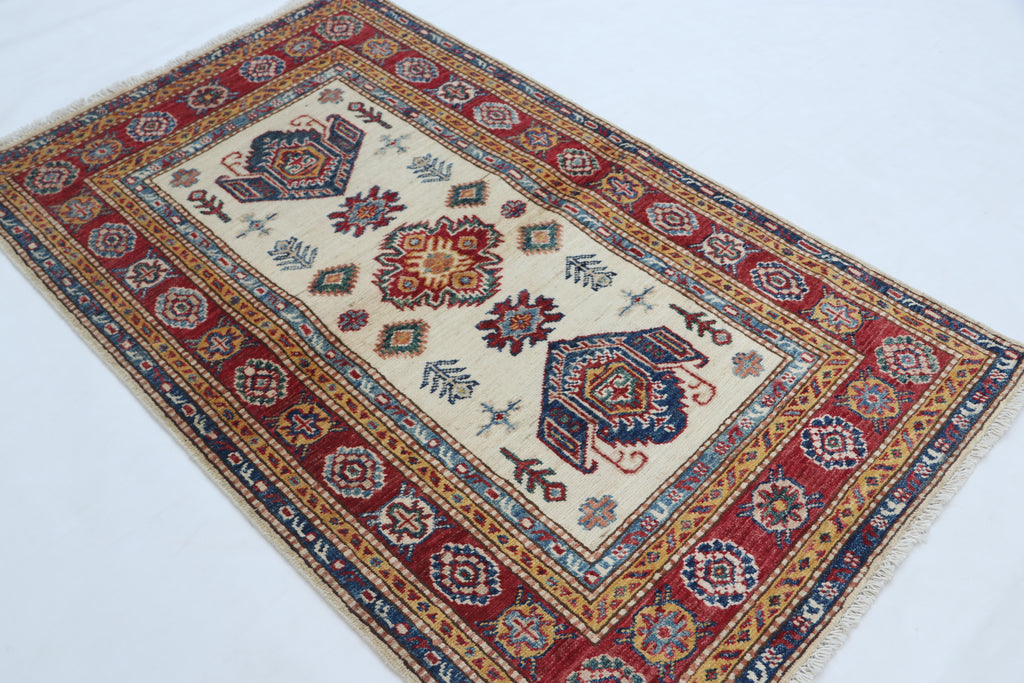 2.5x4 Beige Super Kazak Geometric Area Rug | Handmade Wool & Cotton Rug