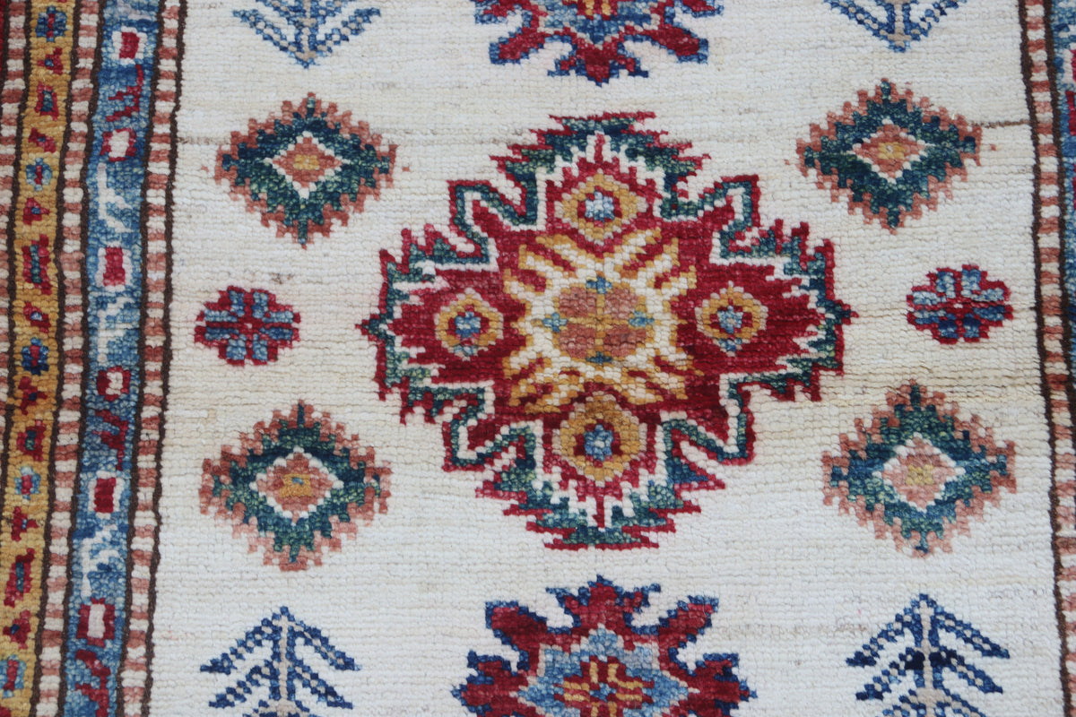 2.5x4 Beige Super Kazak Geometric Area Rug | Handmade Wool & Cotton Rug
