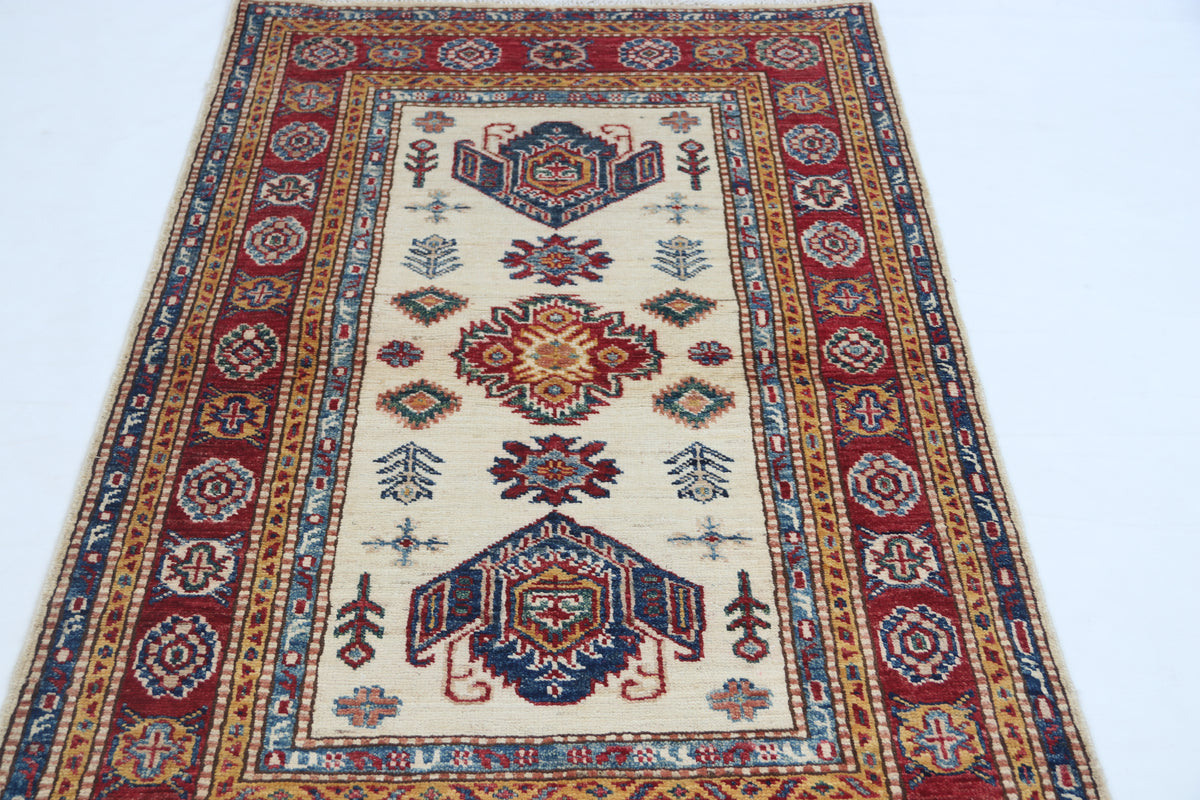 2.5x4 Beige Super Kazak Geometric Area Rug | Handmade Wool & Cotton Rug