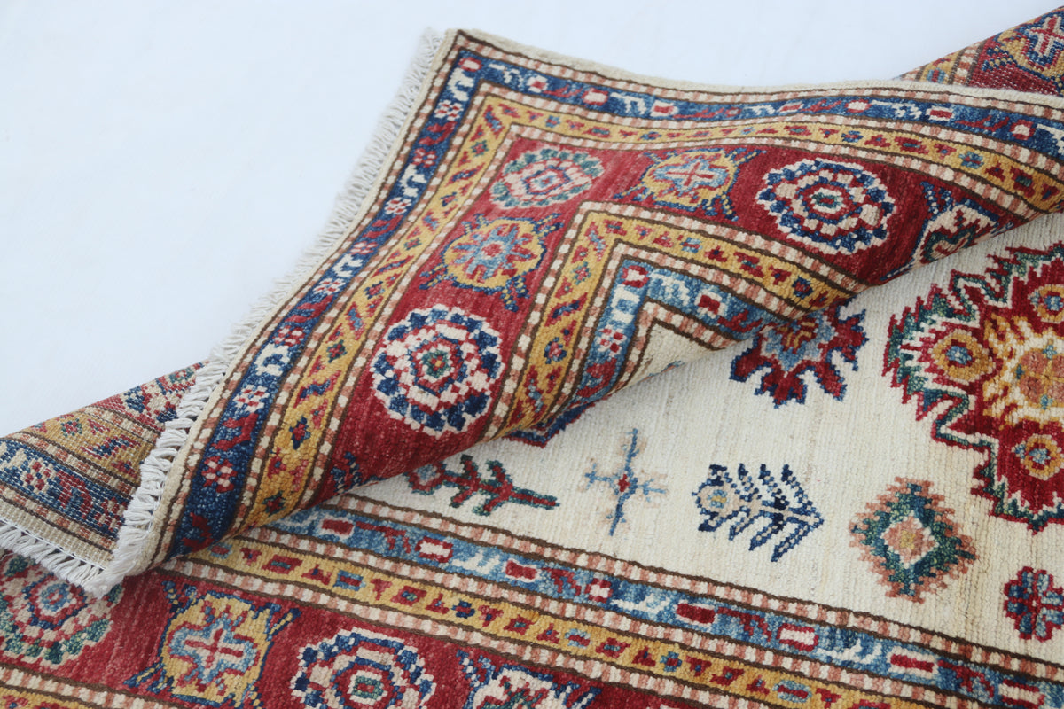 2.5x4 Beige Super Kazak Geometric Area Rug | Handmade Wool & Cotton Rug