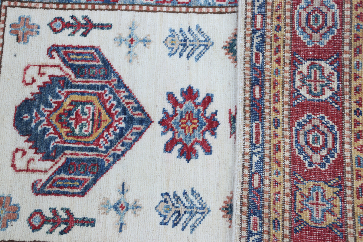 2.5x4 Beige Super Kazak Geometric Area Rug | Handmade Wool & Cotton Rug