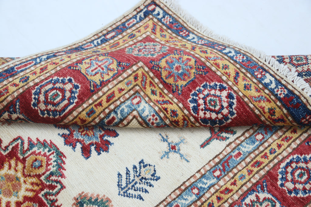 2.5x4 Beige Super Kazak Geometric Area Rug | Handmade Wool & Cotton Rug