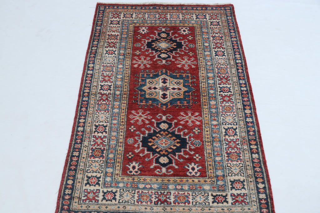 2.5x4 Red Super Kazak Geometric Area Rug | Handmade Wool & Cotton Rug