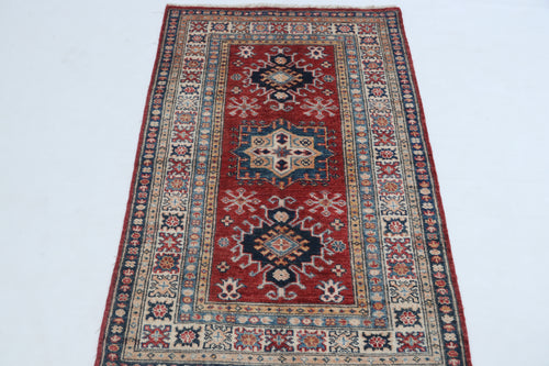 2.5x4 Red Super Kazak Geometric Area Rug | Handmade Wool & Cotton Rug