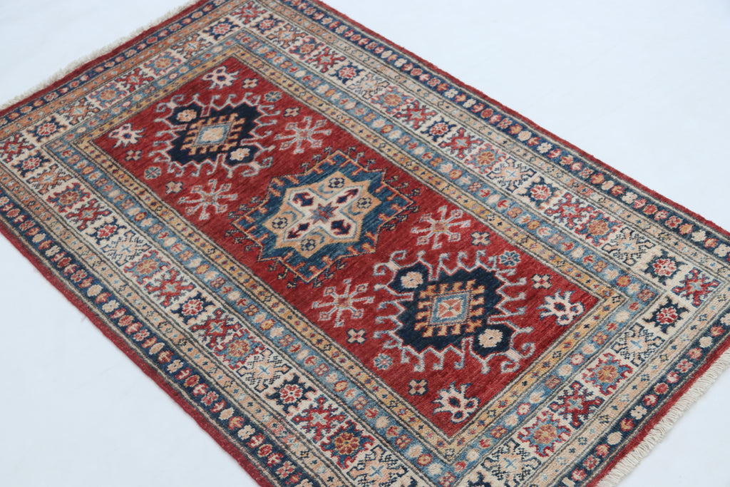 2.5x4 Red Super Kazak Geometric Area Rug | Handmade Wool & Cotton Rug