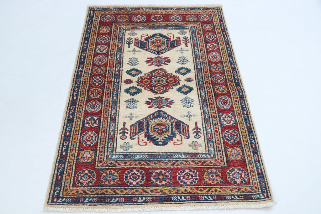 2.5x4 Beige Super Kazak Geometric Area Rug | Handmade Wool & Cotton Rug