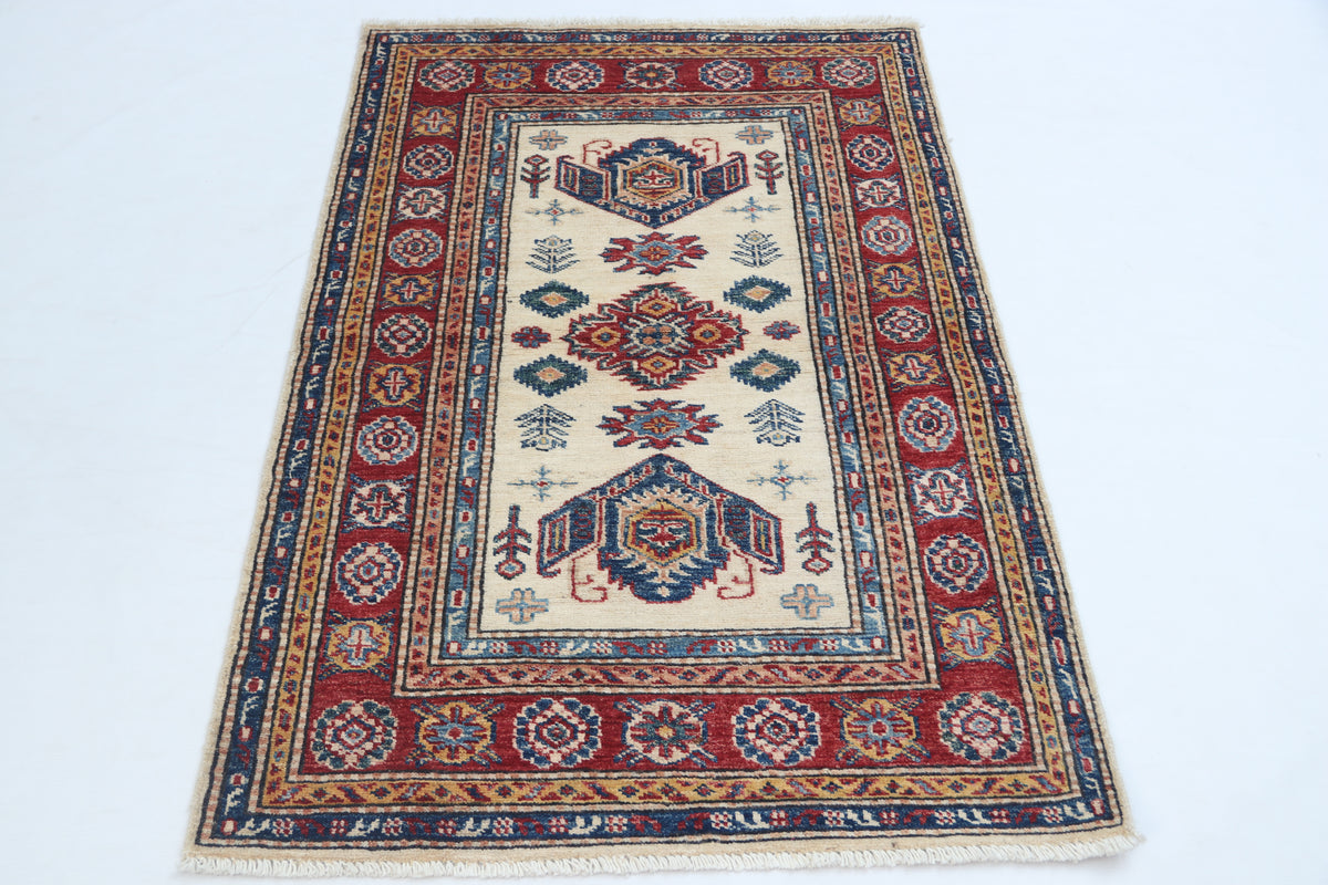 2.5x4 Beige Super Kazak Geometric Area Rug | Handmade Wool & Cotton Rug