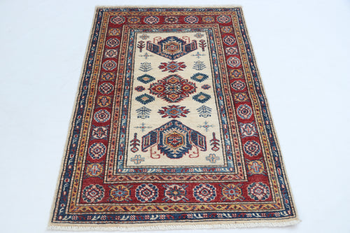 2.5x4 Beige Super Kazak Geometric Area Rug | Handmade Wool & Cotton Rug