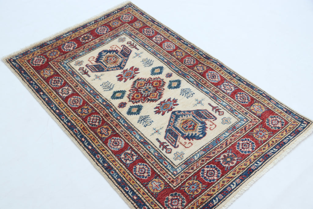 2.5x4 Beige Super Kazak Geometric Area Rug | Handmade Wool & Cotton Rug