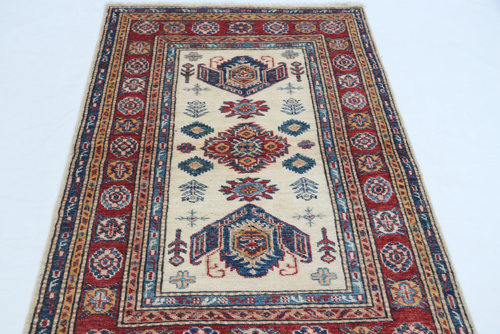 2.5x4 Beige Super Kazak Geometric Area Rug | Handmade Wool & Cotton Rug