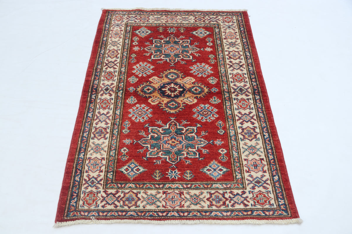 2.5x4 Red Super Kazak Geometric Area Rug | Handmade Wool & Cotton Rug