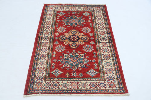 2.5x4 Red Super Kazak Geometric Area Rug | Handmade Wool & Cotton Rug
