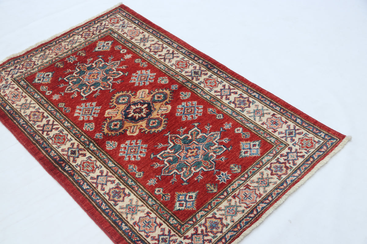 2.5x4 Red Super Kazak Geometric Area Rug | Handmade Wool & Cotton Rug