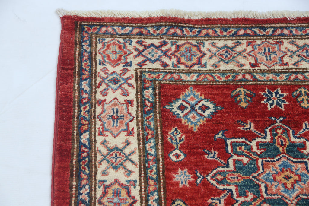 2.5x4 Red Super Kazak Geometric Area Rug | Handmade Wool & Cotton Rug