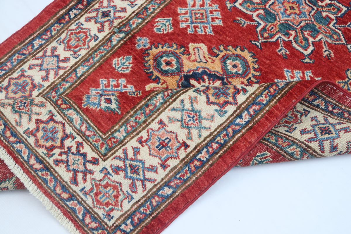 2.5x4 Red Super Kazak Geometric Area Rug | Handmade Wool & Cotton Rug