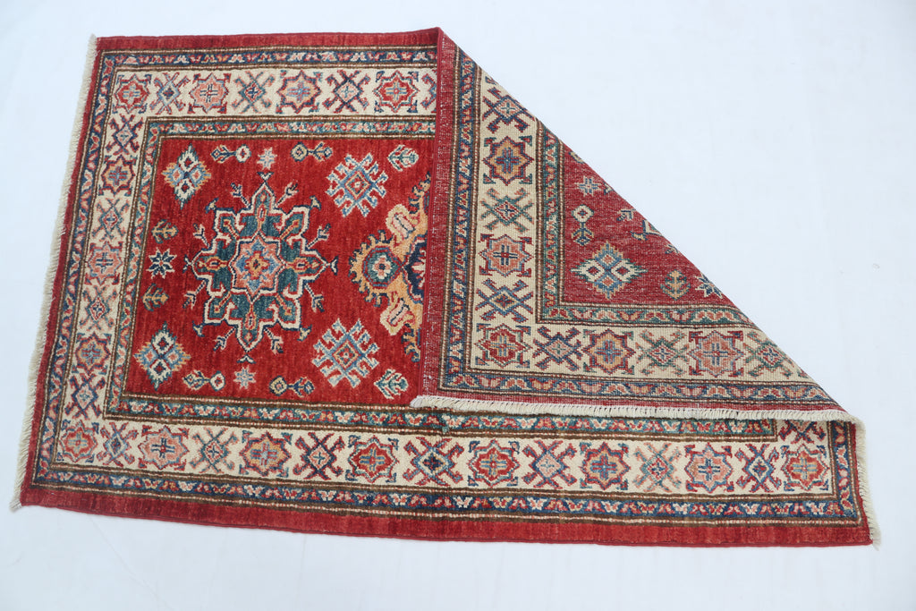 2.5x4 Red Super Kazak Geometric Area Rug | Handmade Wool & Cotton Rug