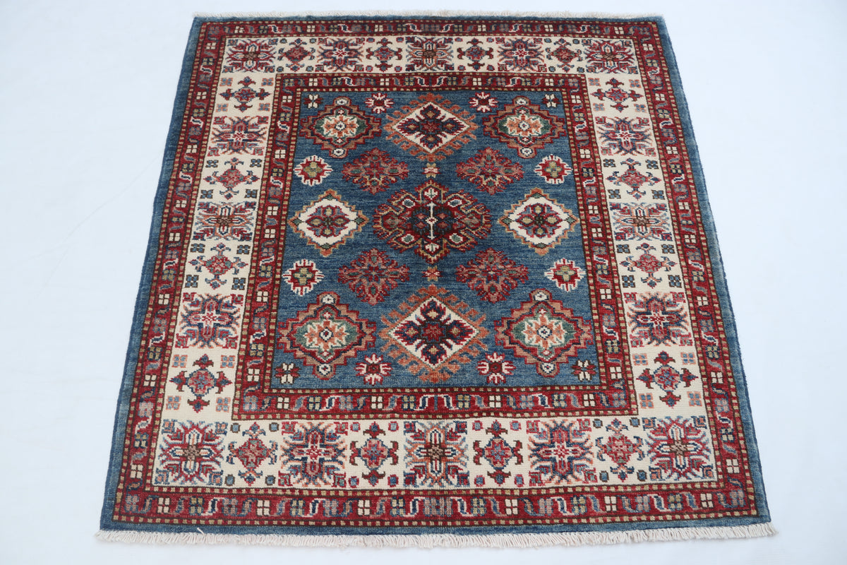 3.5x3.5 ft Handmade Super Kazak Blue Rug | Vegetable Dyed Geometric Wool & Cotton Square Area Rug