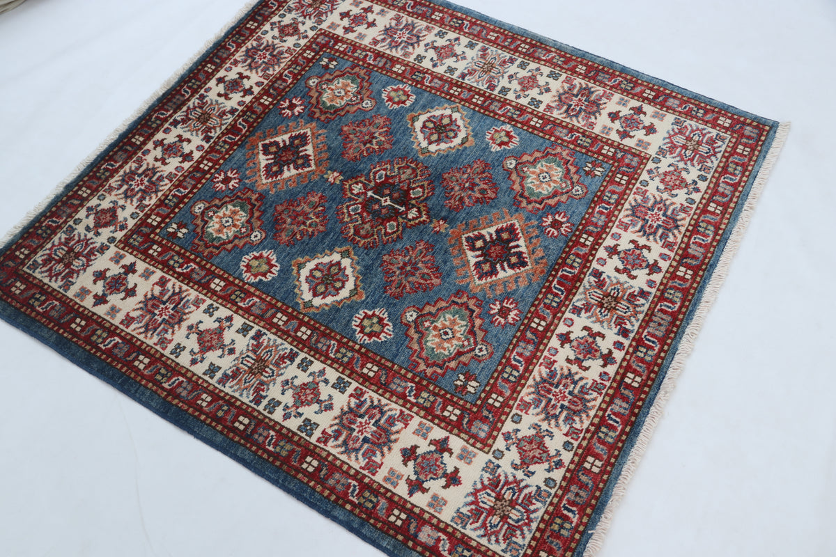 3.5x3.5 ft Handmade Super Kazak Blue Rug | Vegetable Dyed Geometric Wool & Cotton Square Area Rug