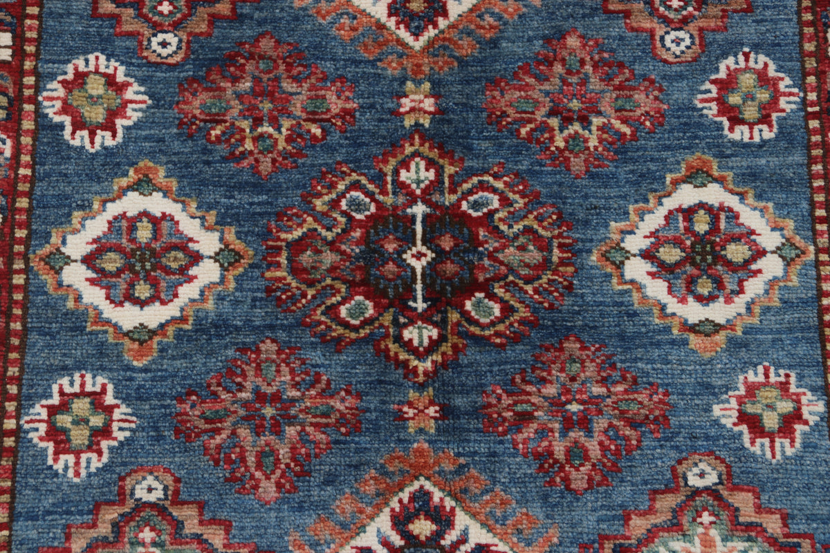 3.5x3.5 ft Handmade Super Kazak Blue Rug | Vegetable Dyed Geometric Wool & Cotton Square Area Rug