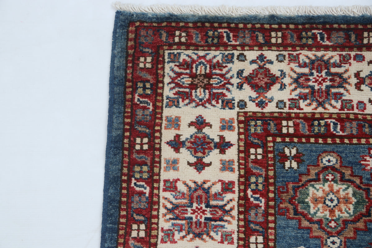 3.5x3.5 ft Handmade Super Kazak Blue Rug | Vegetable Dyed Geometric Wool & Cotton Square Area Rug