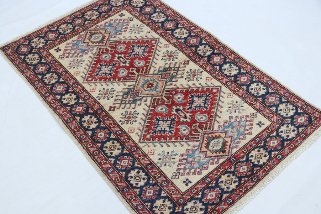 2.5x4 Beige Super Kazak Geometric Area Rug | Handmade Wool & Cotton Rug