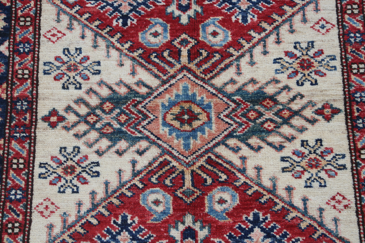 2.5x4 Beige Super Kazak Geometric Area Rug | Handmade Wool & Cotton Rug