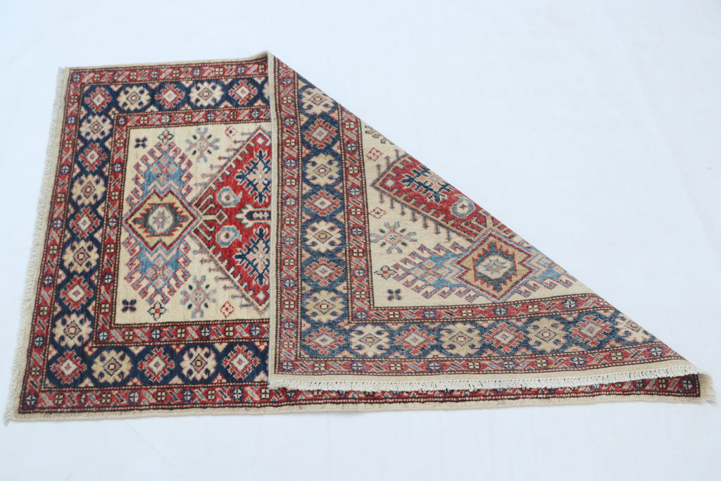2.5x4 Beige Super Kazak Geometric Area Rug | Handmade Wool & Cotton Rug