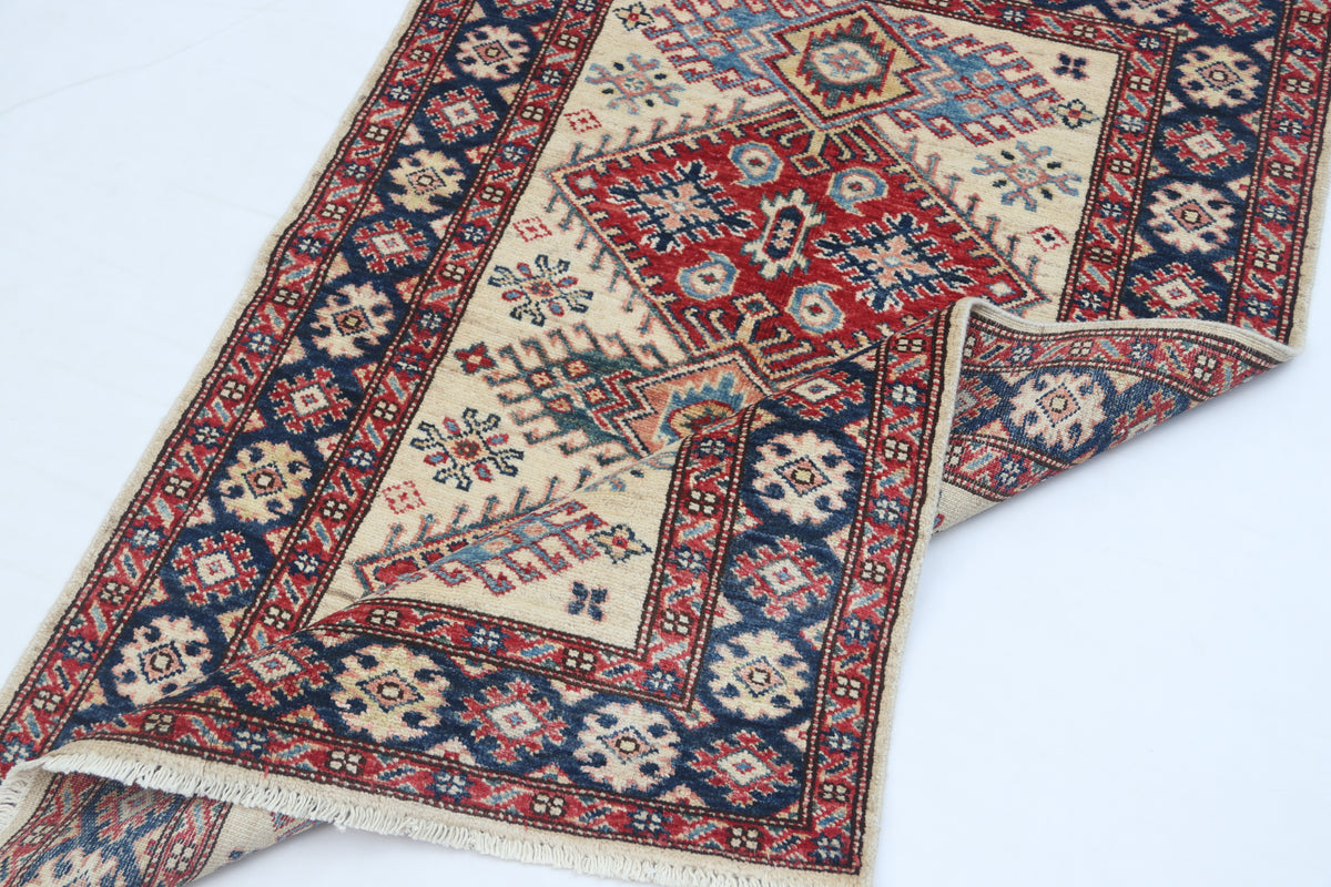 2.5x4 Beige Super Kazak Geometric Area Rug | Handmade Wool & Cotton Rug