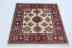 3.5x3.5 Beige Super Kazak Geometric Area Rug | Handmade Wool & Cotton Rug