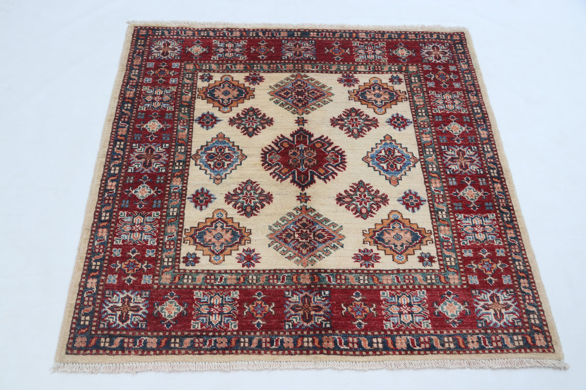 3.5x3.5 Beige Super Kazak Geometric Area Rug | Handmade Wool & Cotton Rug