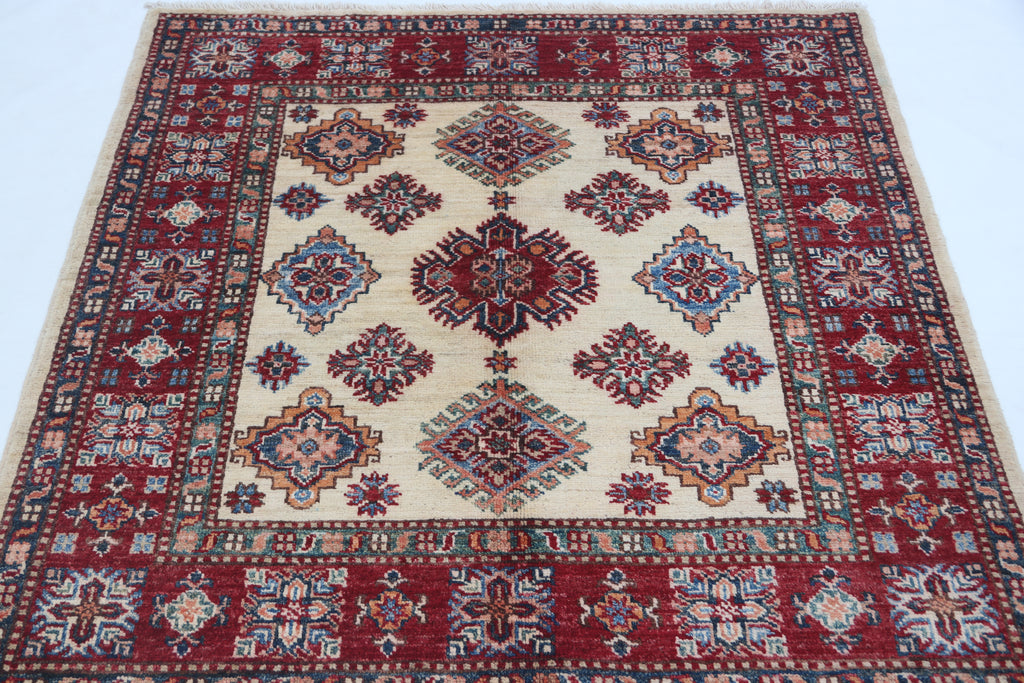 3.5x3.5 Beige Super Kazak Geometric Area Rug | Handmade Wool & Cotton Rug