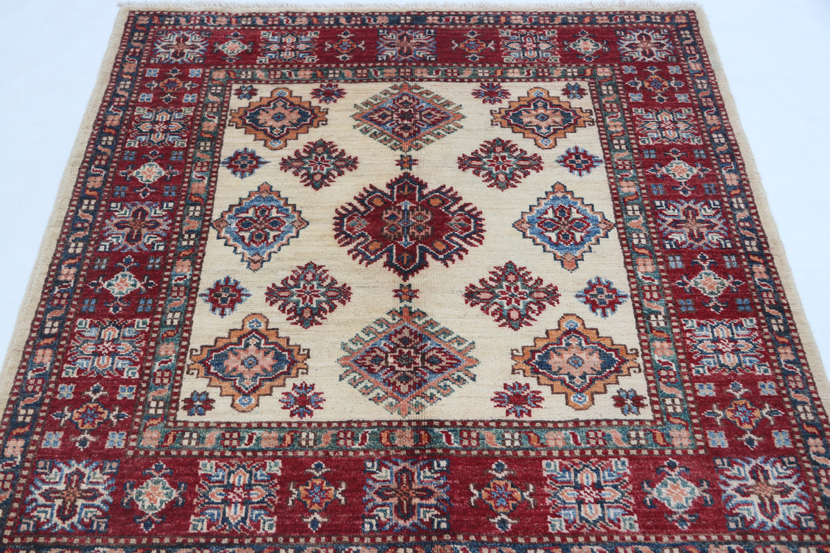 3.5x3.5 Beige Super Kazak Geometric Area Rug | Handmade Wool & Cotton Rug