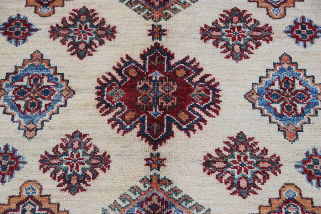 3.5x3.5 Beige Super Kazak Geometric Area Rug | Handmade Wool & Cotton Rug