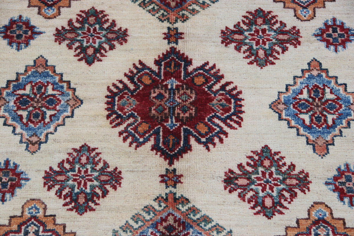3.5x3.5 Beige Super Kazak Geometric Area Rug | Handmade Wool & Cotton Rug